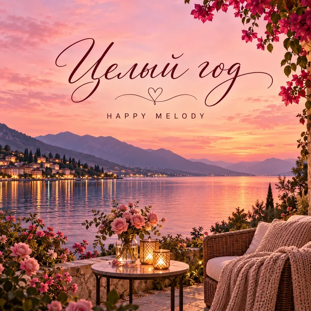 Обложка «Целый год» — Happy Melody: розовый закат у озера, цветы и свечи на террасе